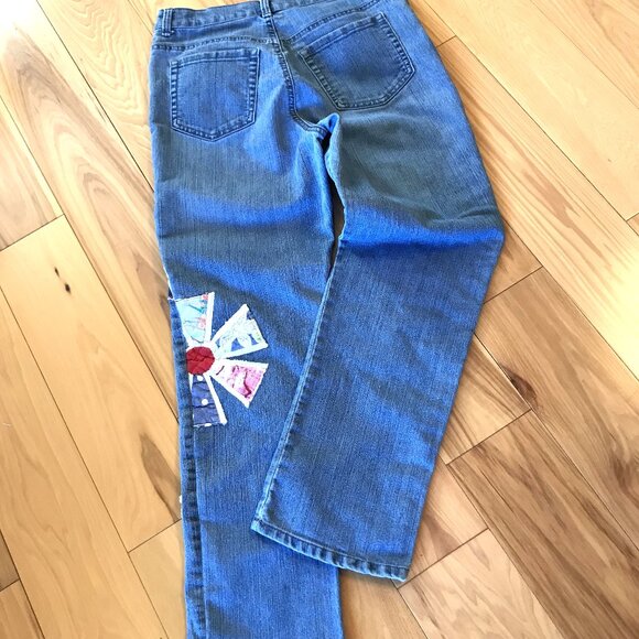 Vintage Quilt Patchwork Jeans, 10P: Upcycled Hippie Pants, Boho Festival Wear - Picture 7 of 8